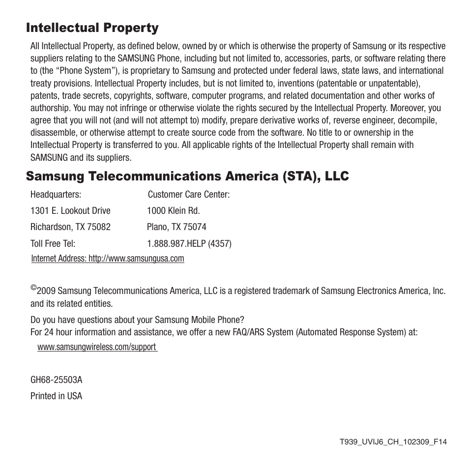 Intellectual property, Samsung telecommunications america (sta), llc | Samsung Behold II SGH-t939 User Manual | Page 2 / 216