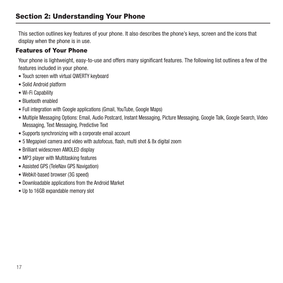 Section 2: understanding your phone, Features of your phone | Samsung Behold II SGH-t939 User Manual | Page 20 / 216
