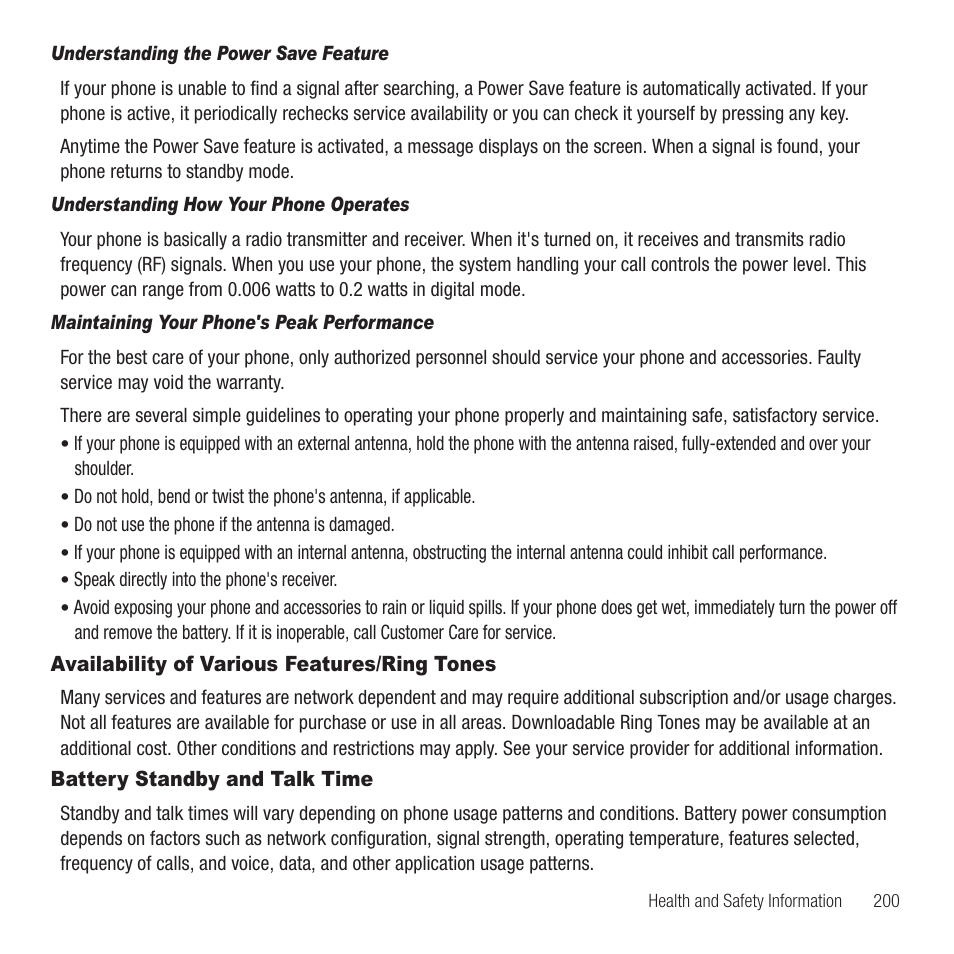 Availability of various features/ring tones, Battery standby and talk time | Samsung Behold II SGH-t939 User Manual | Page 203 / 216