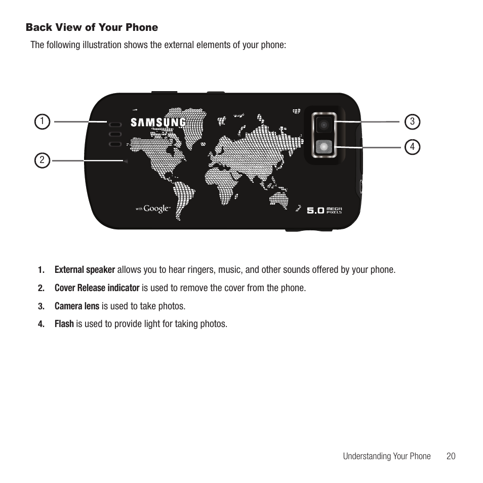 Back view of your phone | Samsung Behold II SGH-t939 User Manual | Page 23 / 216