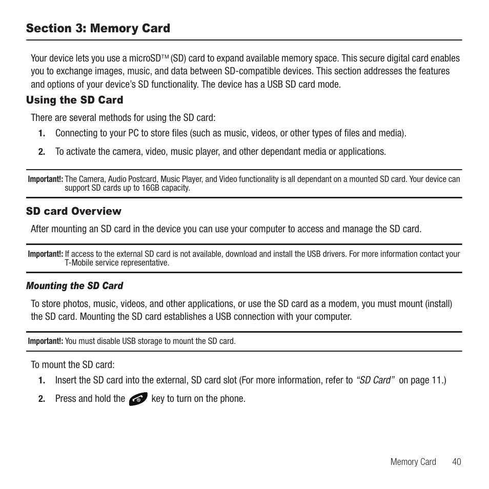 Section 3: memory card, Using the sd card, Sd card overview | Using the sd card sd card overview | Samsung Behold II SGH-t939 User Manual | Page 43 / 216
