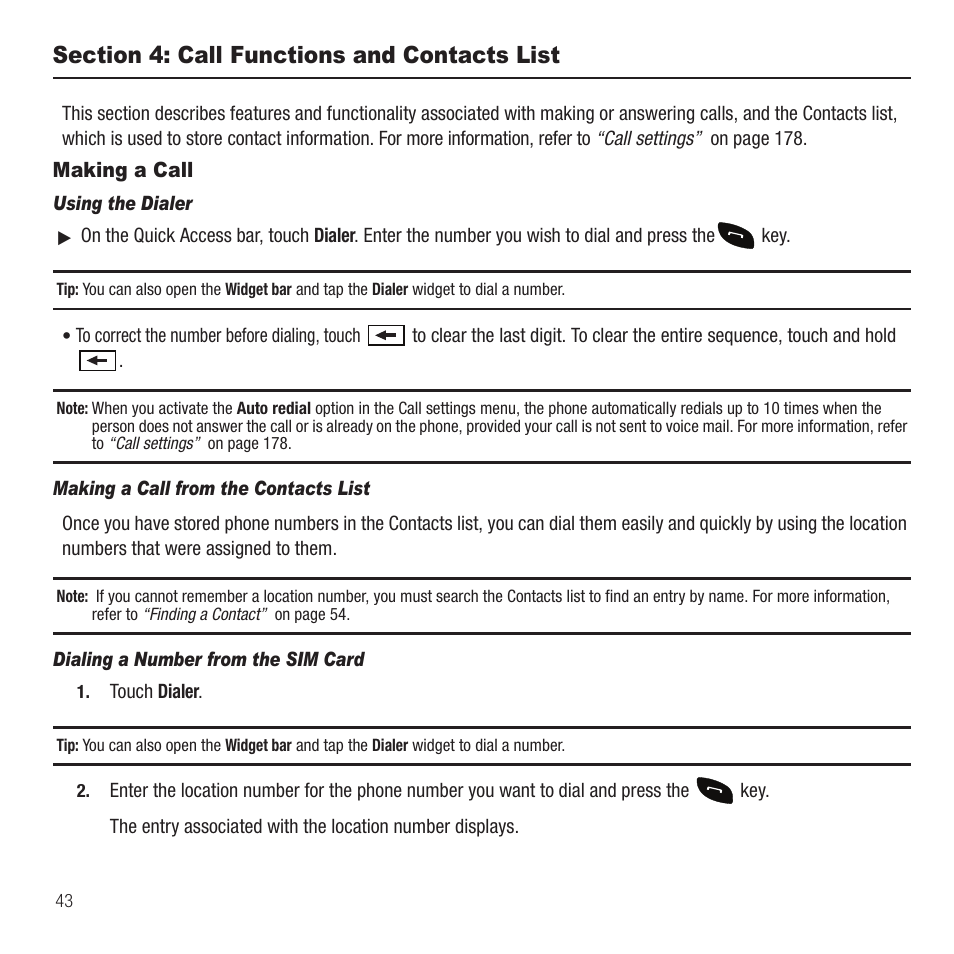 Section 4: call functions and contacts list, Making a call | Samsung Behold II SGH-t939 User Manual | Page 46 / 216