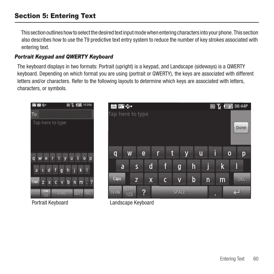 Section 5: entering text | Samsung Behold II SGH-t939 User Manual | Page 63 / 216