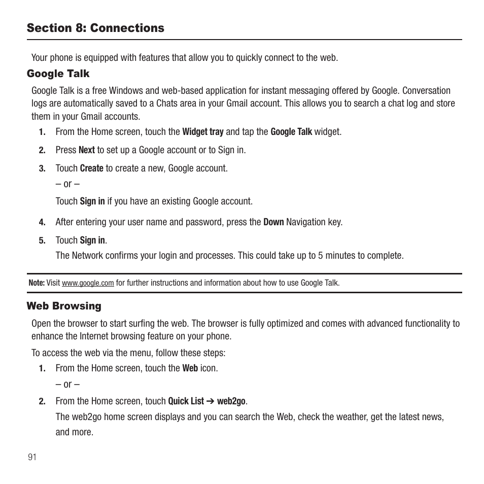 Section 8: connections, Google talk, Web browsing | Google talk web browsing | Samsung Behold II SGH-t939 User Manual | Page 94 / 216