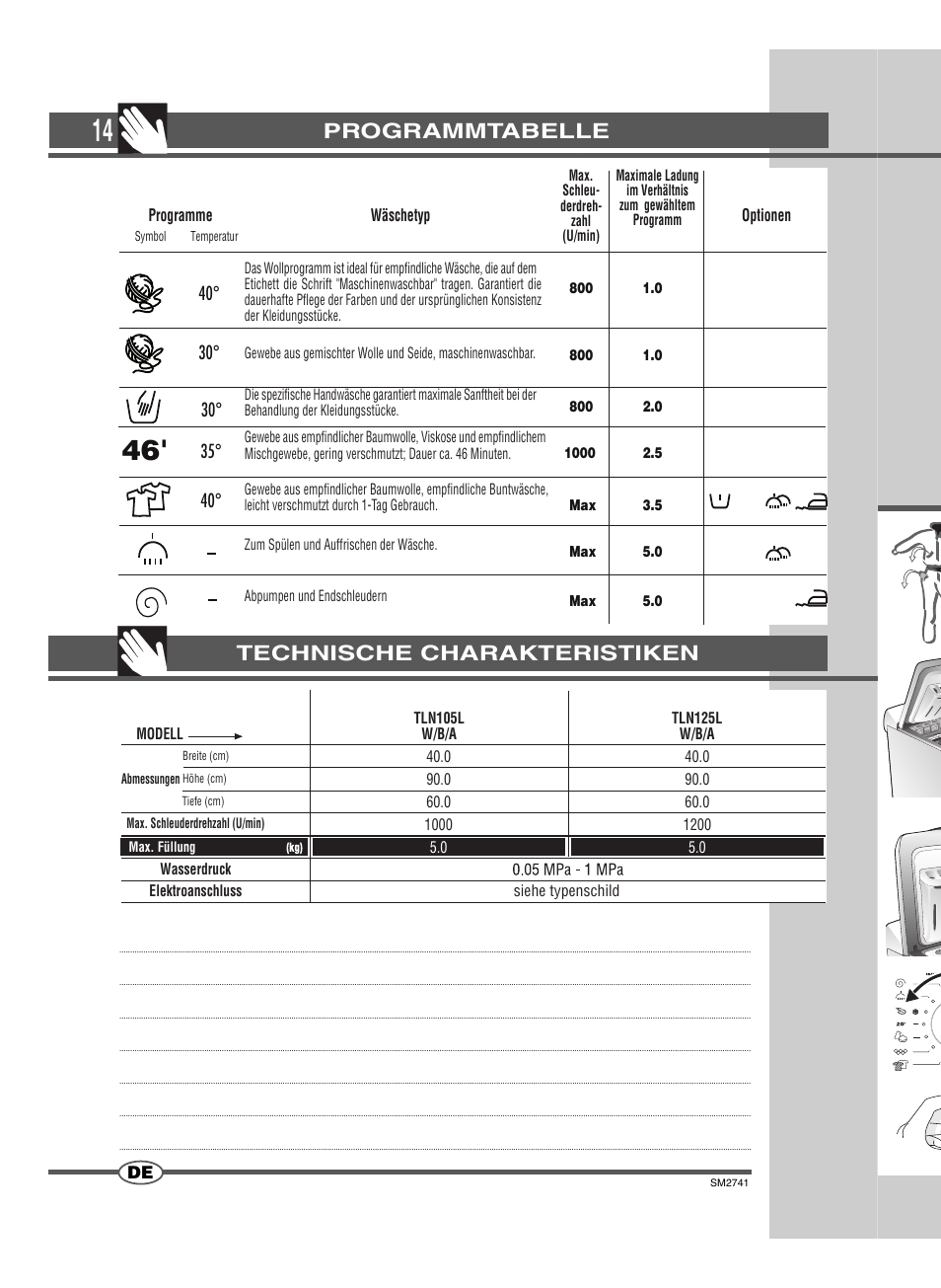 Programmtabelle, Technische charakteristiken | Ardo TLN105L User Manual | Page 14 / 44