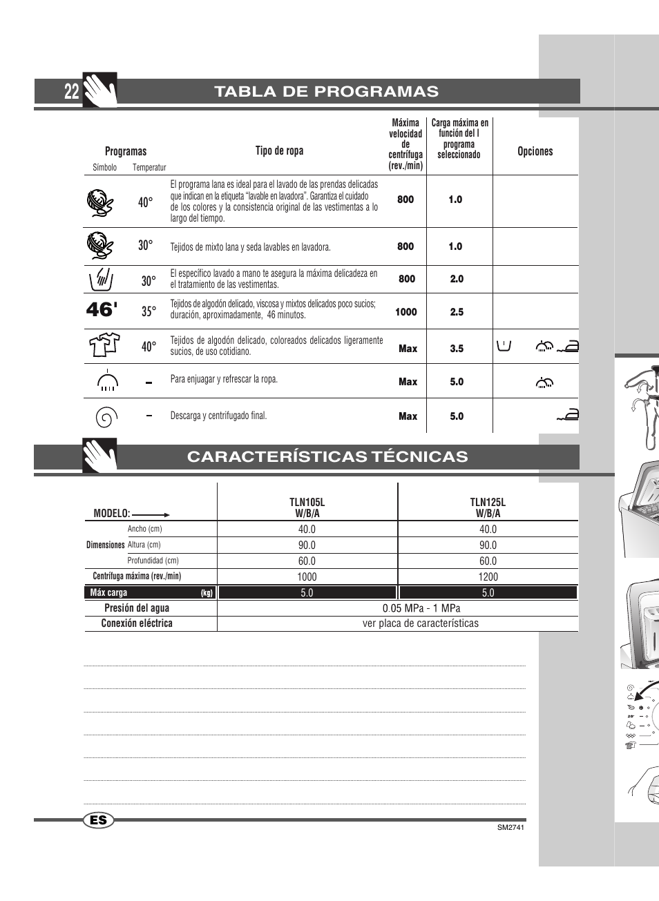 Tabla de programas, Características técnicas | Ardo TLN105L User Manual | Page 22 / 44