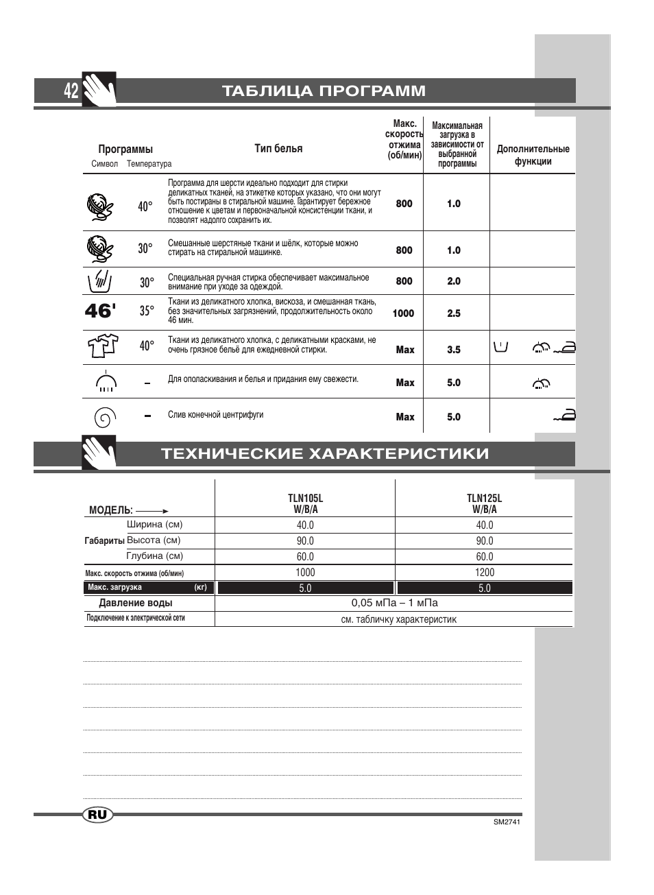 Таблица программ, Технические характеристики | Ardo TLN105L User Manual | Page 42 / 44