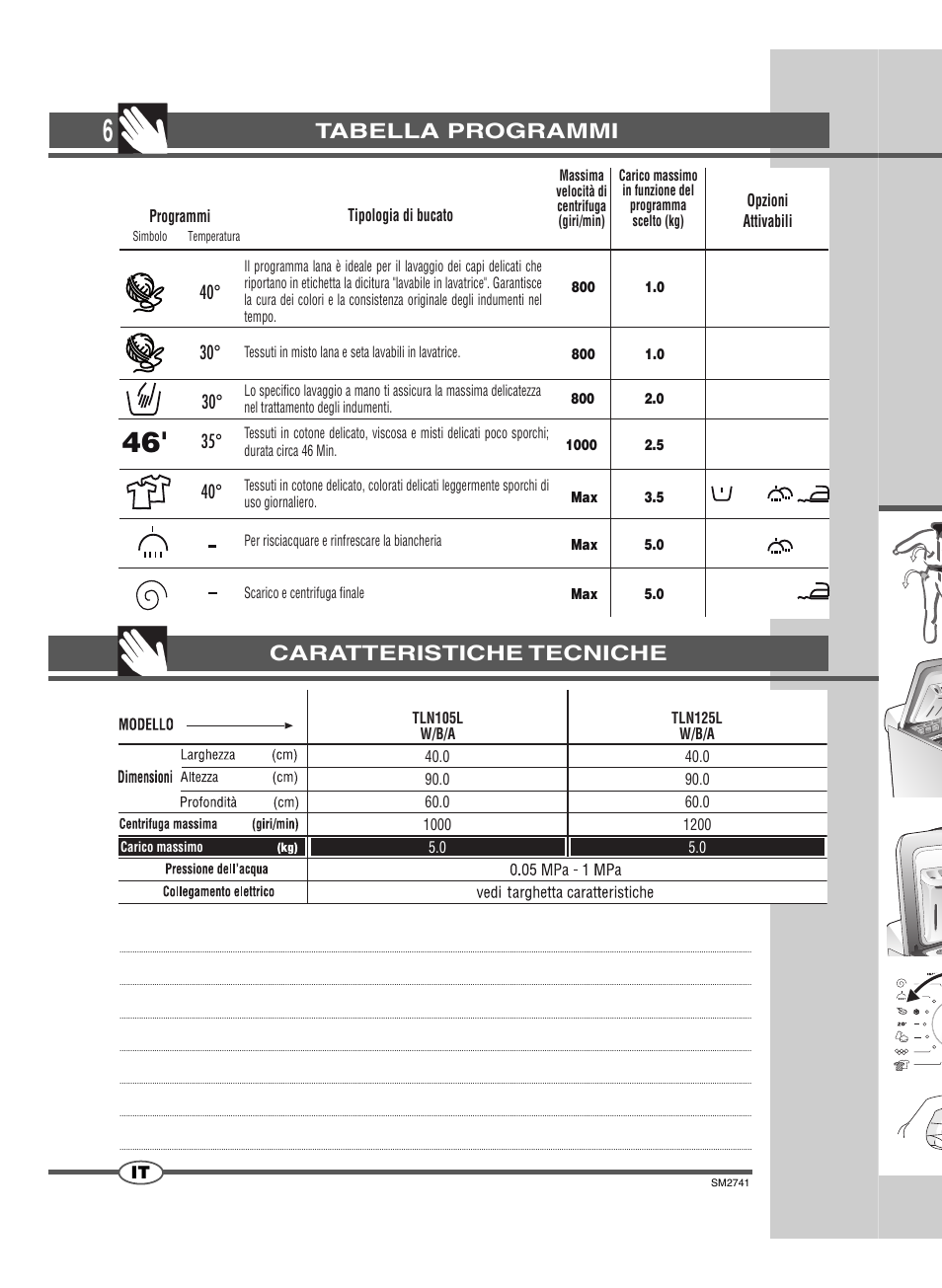 Tabella programmi, Caratteristiche tecniche | Ardo TLN105L User Manual | Page 6 / 44