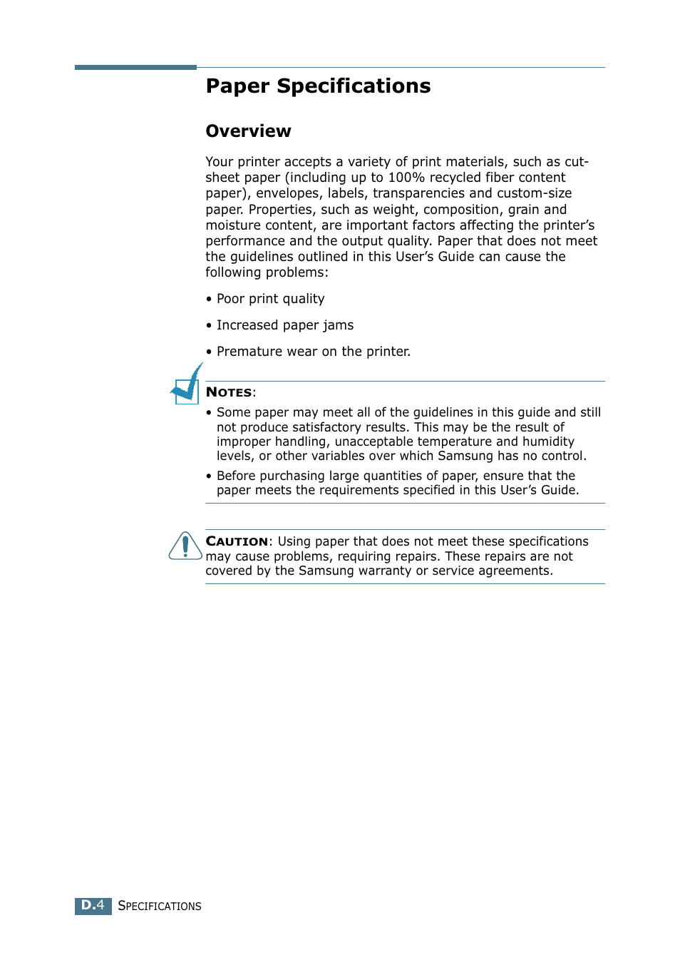 Paper specifications, Overview, Use only recommended print materials. see “paper | See “paper specifications” on, See “paper specifications | Samsung CLP 500N User Manual | Page 234 / 245