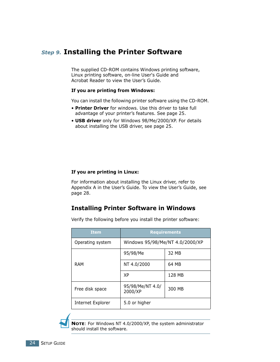 Step 9. installing the printer software, Installing printer software in windows, Step 9 | Installing the printer software | Samsung CLP 500N User Manual | Page 24 / 245