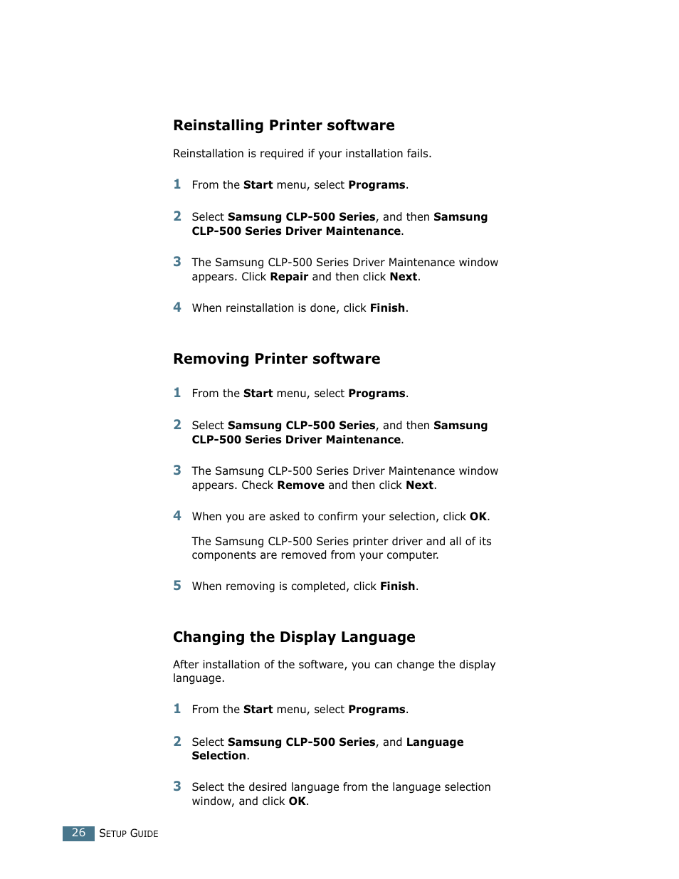 Reinstalling printer software, Removing printer software, Changing the display language | Samsung CLP 500N User Manual | Page 26 / 245