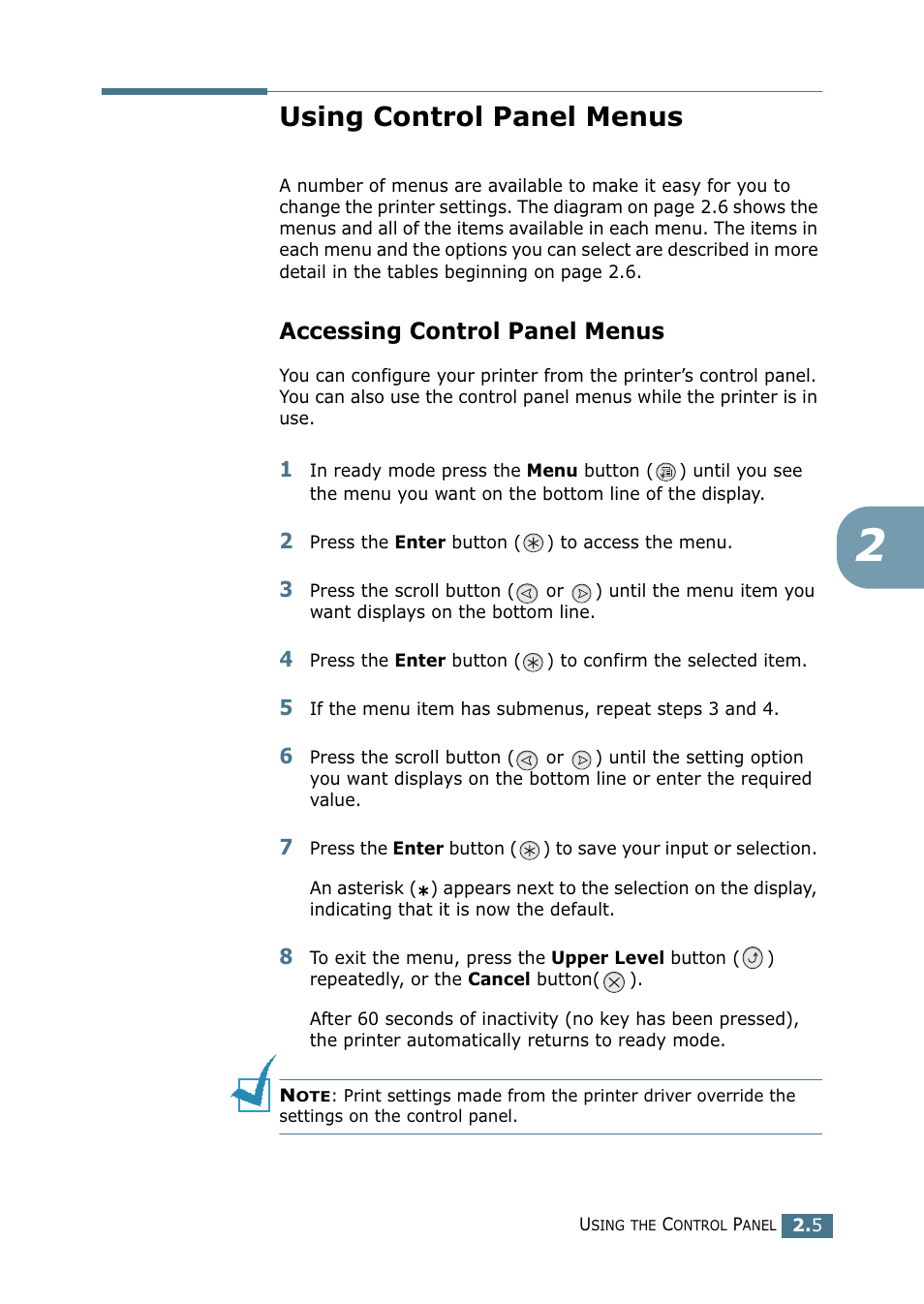 Using control panel menus, Accessing control panel menus | Samsung CLP 500N User Manual | Page 55 / 245