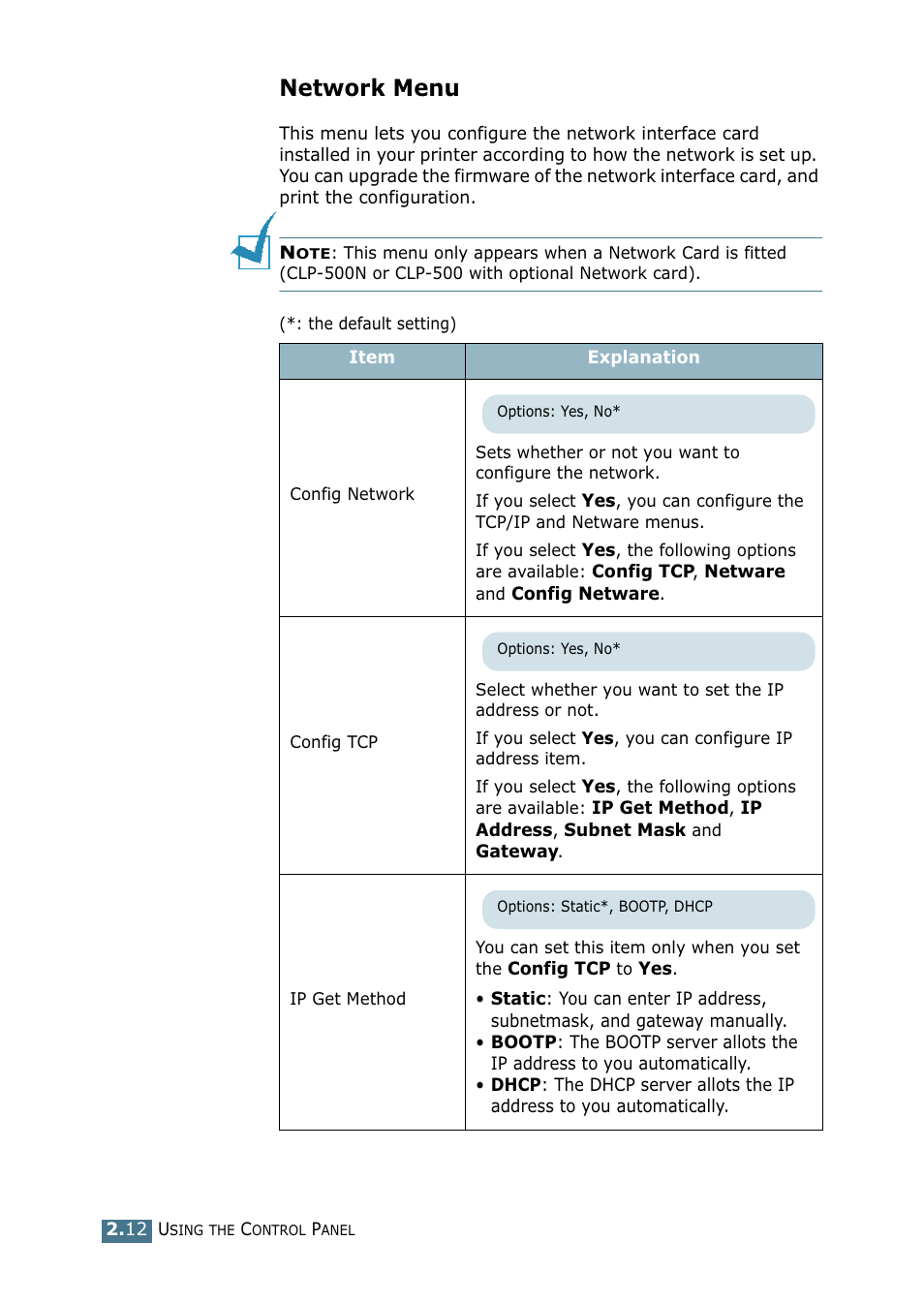 Network menu | Samsung CLP 500N User Manual | Page 62 / 245