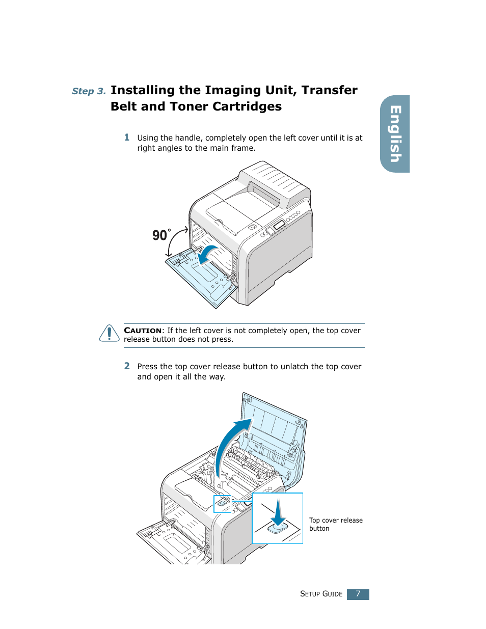 Step 3, Installing the imaging unit, transfer belt, And toner cartridges | English | Samsung CLP 500N User Manual | Page 7 / 245