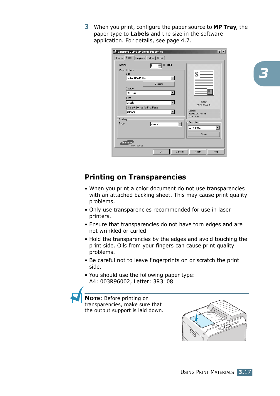 Printing on transparencies | Samsung CLP 500N User Manual | Page 81 / 245