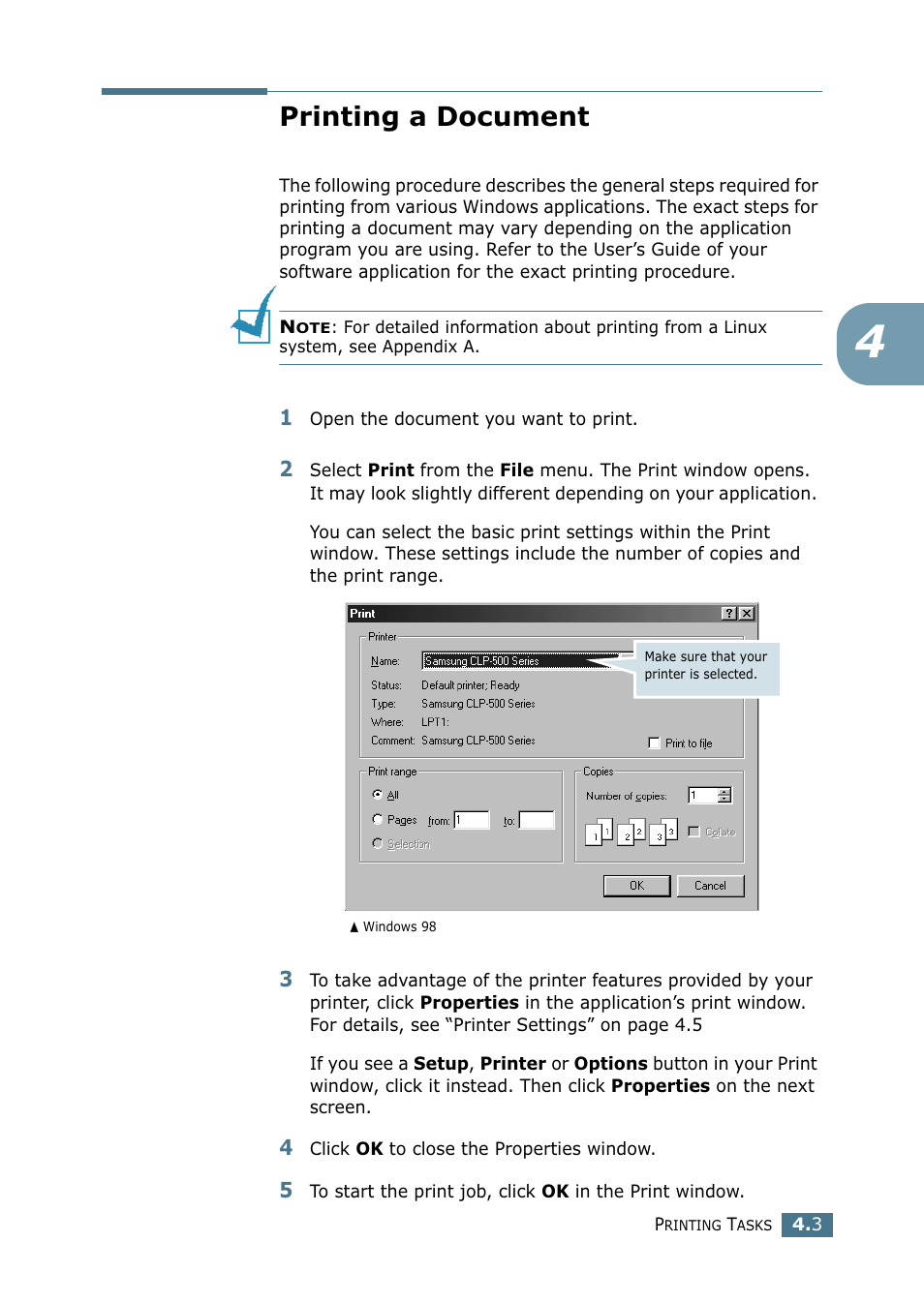 Printing a document | Samsung CLP 500N User Manual | Page 91 / 245