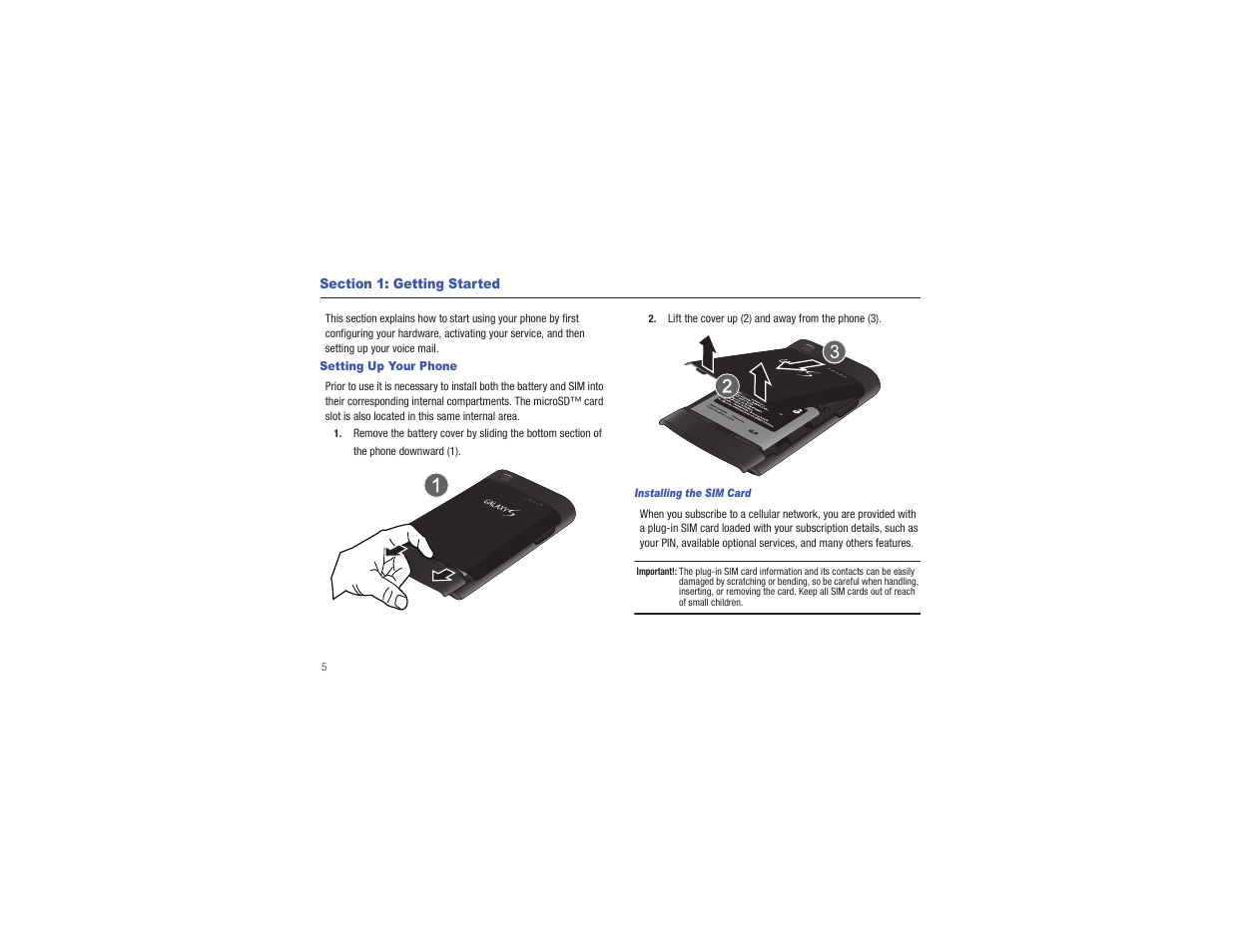 Section 1: getting started, Setting up your phone | Samsung CAPTIVATE SGH-I897 User Manual | Page 10 / 193
