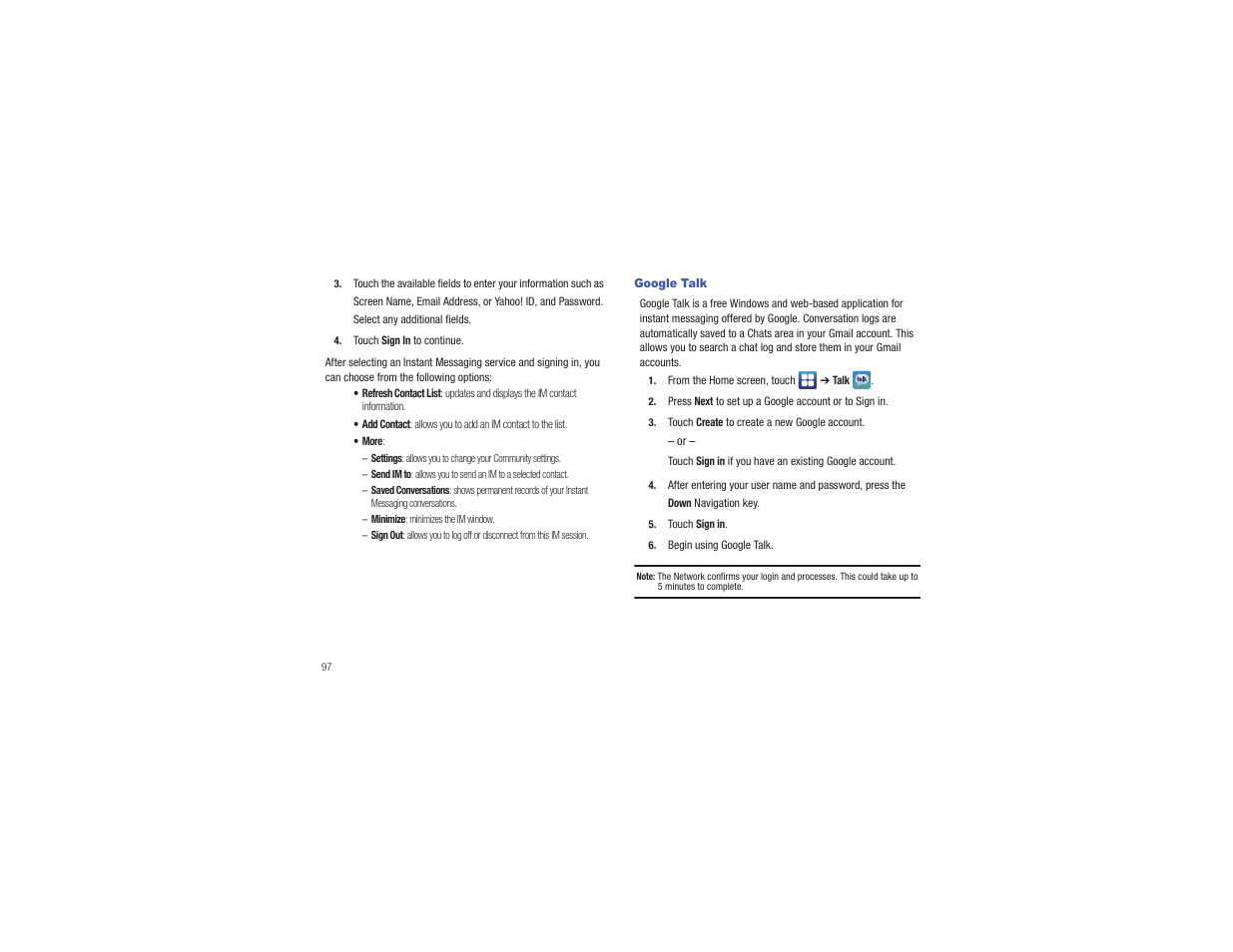 Google talk | Samsung CAPTIVATE SGH-I897 User Manual | Page 102 / 193