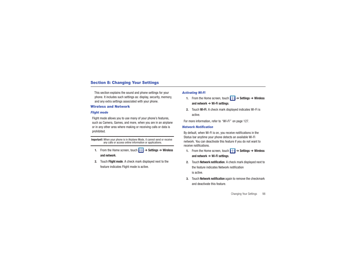 Section 8: changing your settings, Wireless and network | Samsung CAPTIVATE SGH-I897 User Manual | Page 103 / 193