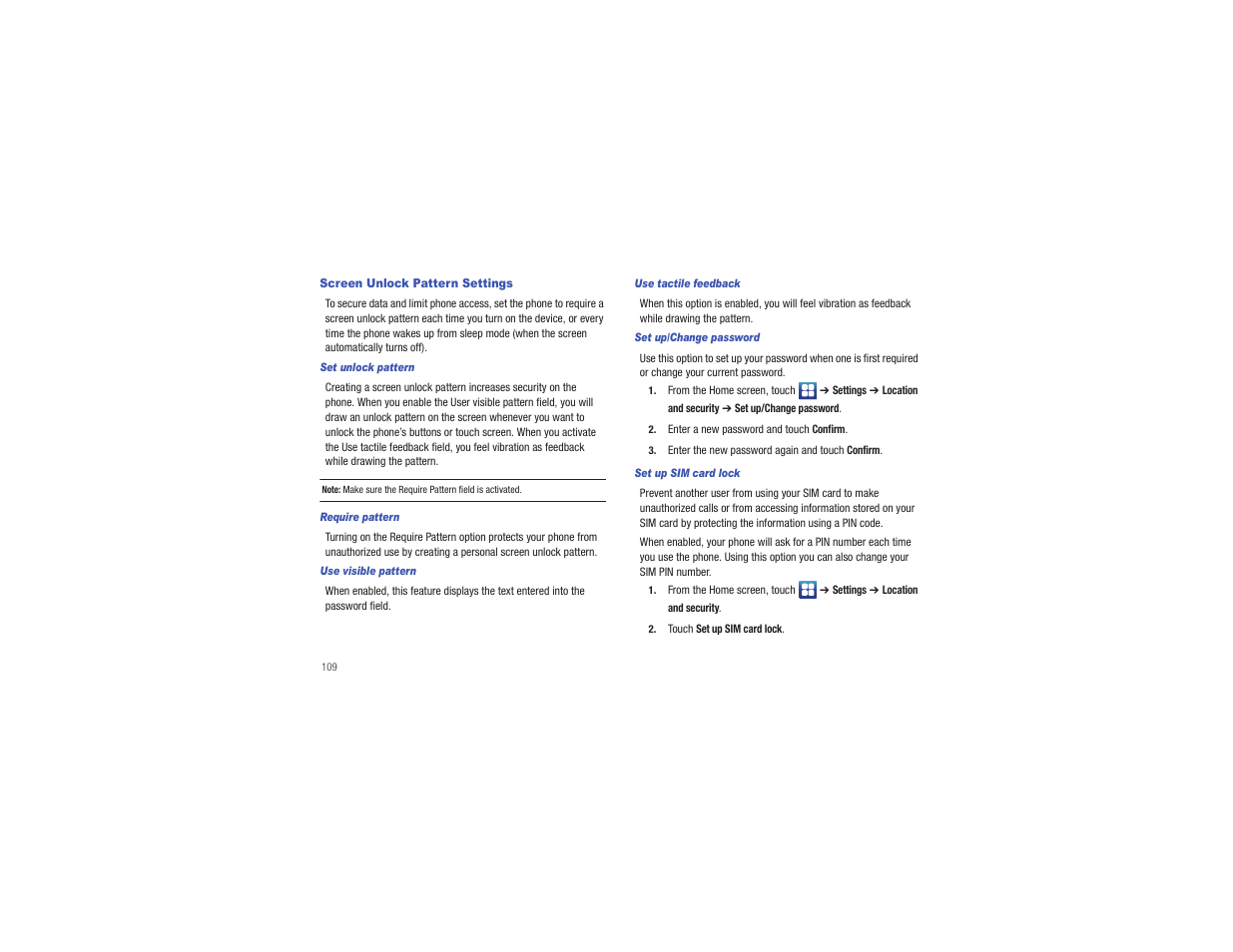 Screen unlock pattern settings | Samsung CAPTIVATE SGH-I897 User Manual | Page 114 / 193