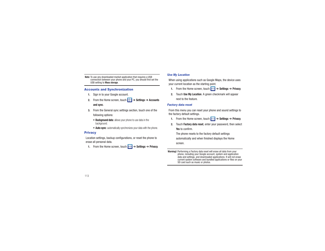 Accounts and synchronization, Privacy, Accounts and synchronization privacy | Samsung CAPTIVATE SGH-I897 User Manual | Page 118 / 193
