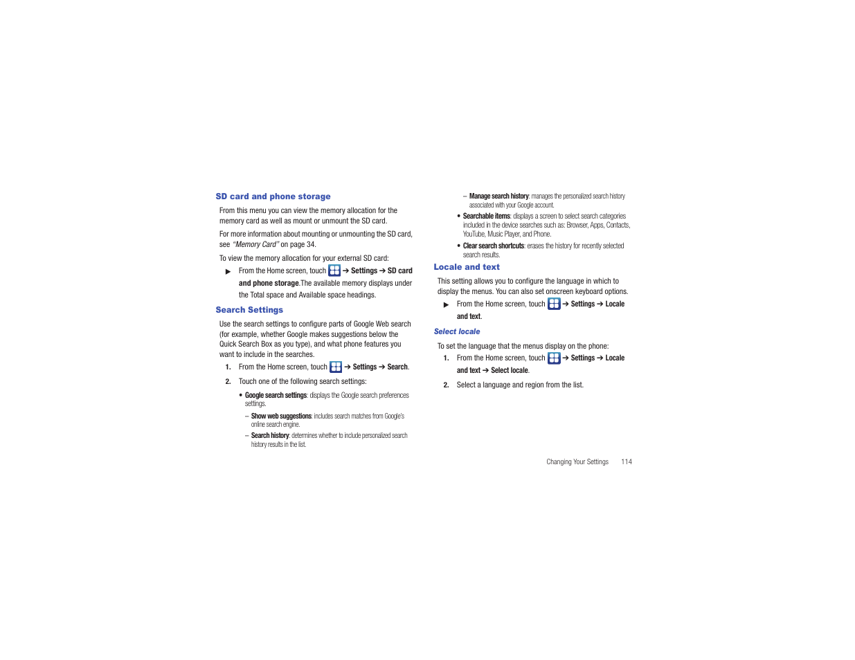Sd card and phone storage, Search settings, Locale and text | Samsung CAPTIVATE SGH-I897 User Manual | Page 119 / 193