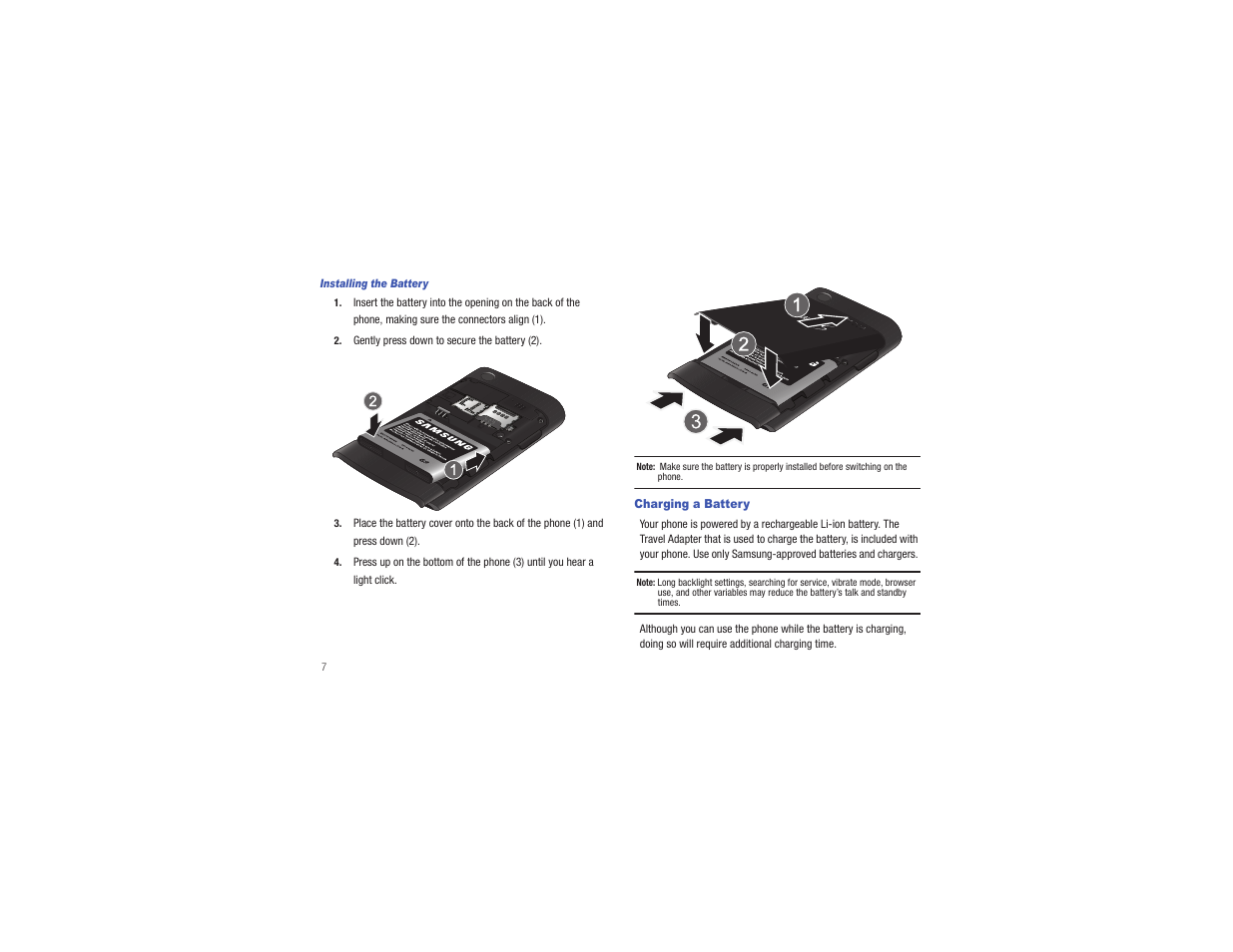 Charging a battery | Samsung CAPTIVATE SGH-I897 User Manual | Page 12 / 193