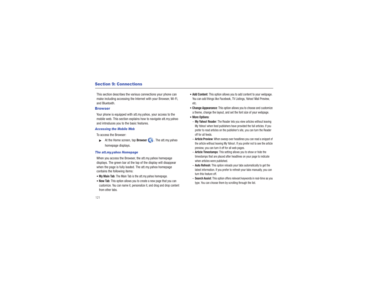 Section 9: connections, Browser | Samsung CAPTIVATE SGH-I897 User Manual | Page 126 / 193