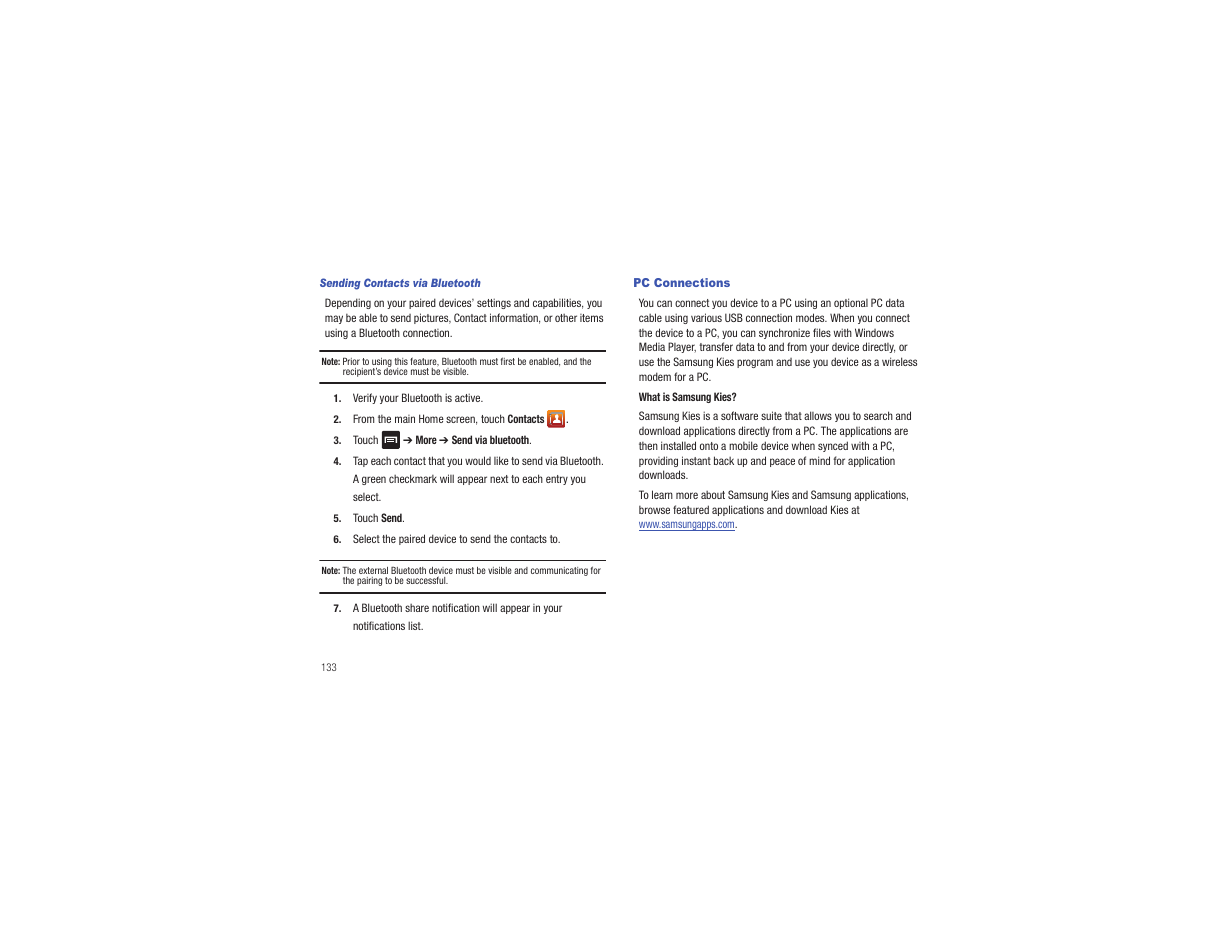 Pc connections | Samsung CAPTIVATE SGH-I897 User Manual | Page 138 / 193