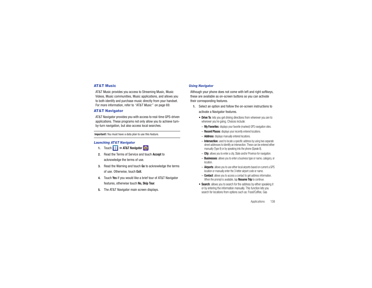 At&t music, At&t navigator, At&t music at&t navigator | Samsung CAPTIVATE SGH-I897 User Manual | Page 143 / 193