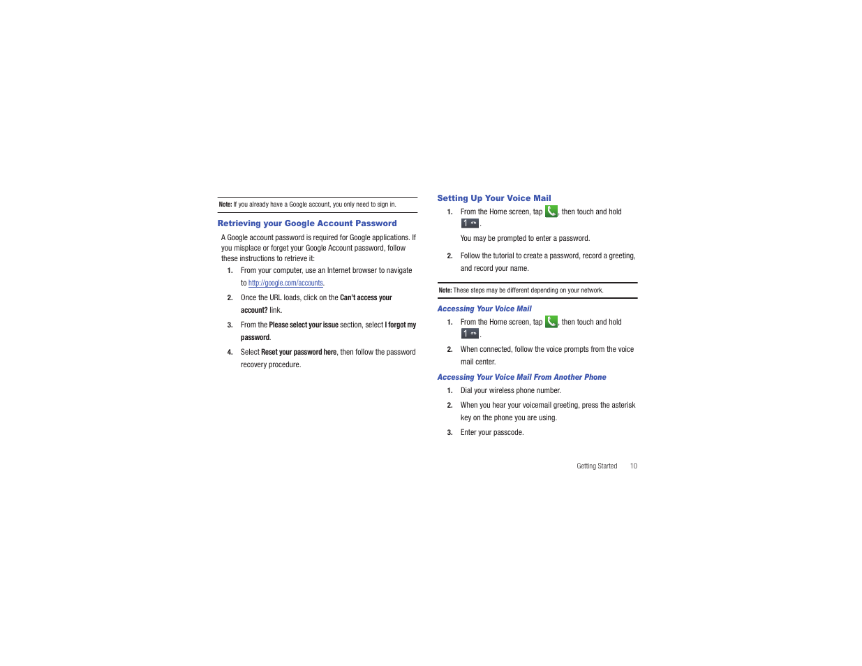 Retrieving your google account password, Setting up your voice mail | Samsung CAPTIVATE SGH-I897 User Manual | Page 15 / 193