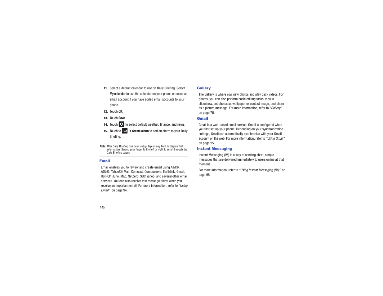 Email, Gallery, Gmail | Instant messaging, Email gallery gmail instant messaging | Samsung CAPTIVATE SGH-I897 User Manual | Page 150 / 193
