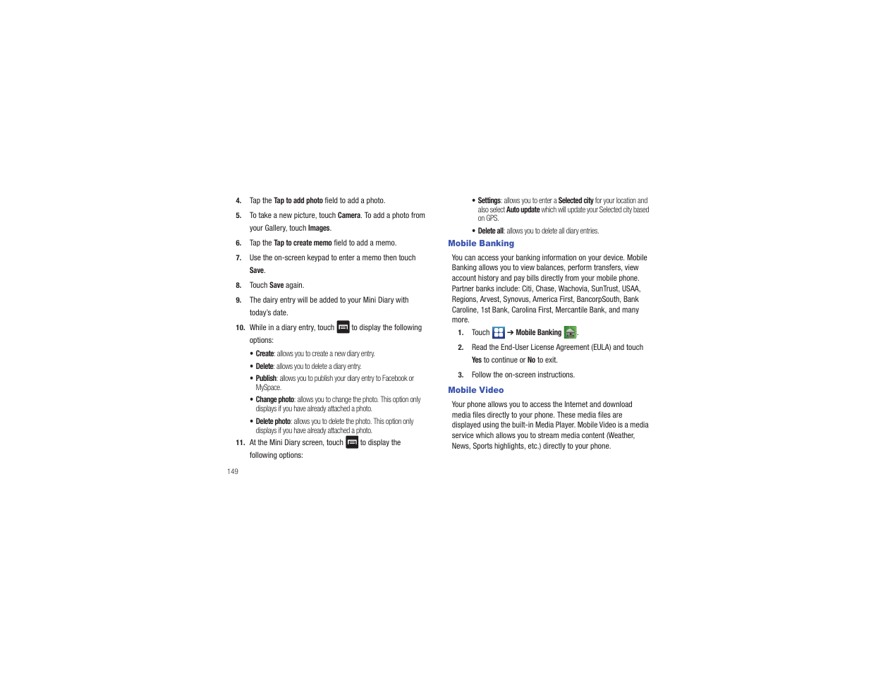 Mobile banking, Mobile video, Mobile banking mobile video | Samsung CAPTIVATE SGH-I897 User Manual | Page 154 / 193