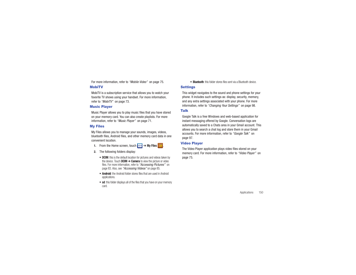 Mobitv, Music player, My files | Settings, Talk, Video player, Mobitv music player my files settings, Talk video player | Samsung CAPTIVATE SGH-I897 User Manual | Page 155 / 193