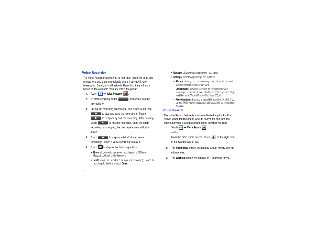 Voice recorder, Voice search, Voice recorder voice search | For more | Samsung CAPTIVATE SGH-I897 User Manual | Page 156 / 193