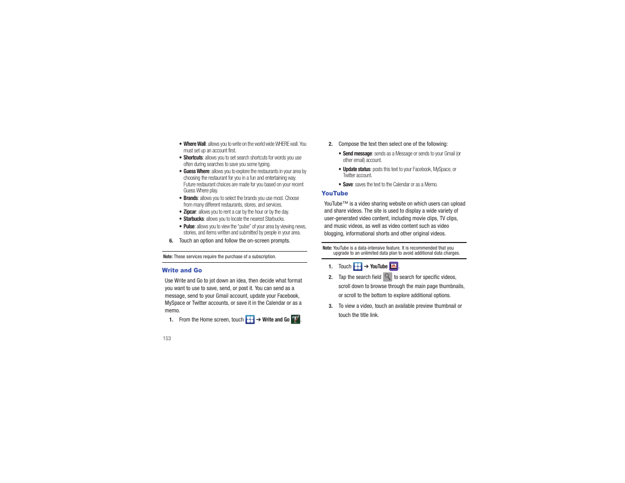 Write and go, Youtube, Write and go youtube | Samsung CAPTIVATE SGH-I897 User Manual | Page 158 / 193