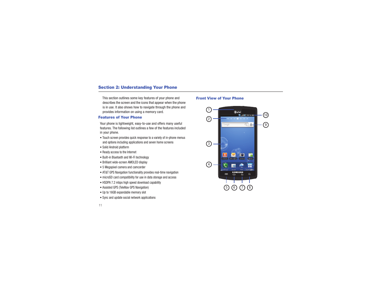 Section 2: understanding your phone, Features of your phone, Front view of your phone | Features of your phone front view of your phone | Samsung CAPTIVATE SGH-I897 User Manual | Page 16 / 193