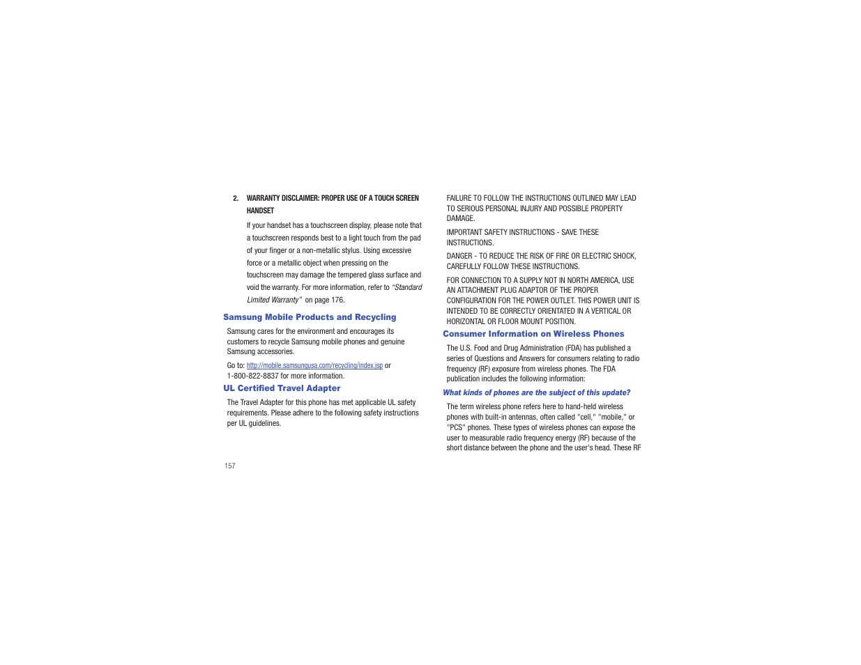 Samsung mobile products and recycling, Ul certified travel adapter, Consumer information on wireless phones | Samsung CAPTIVATE SGH-I897 User Manual | Page 162 / 193