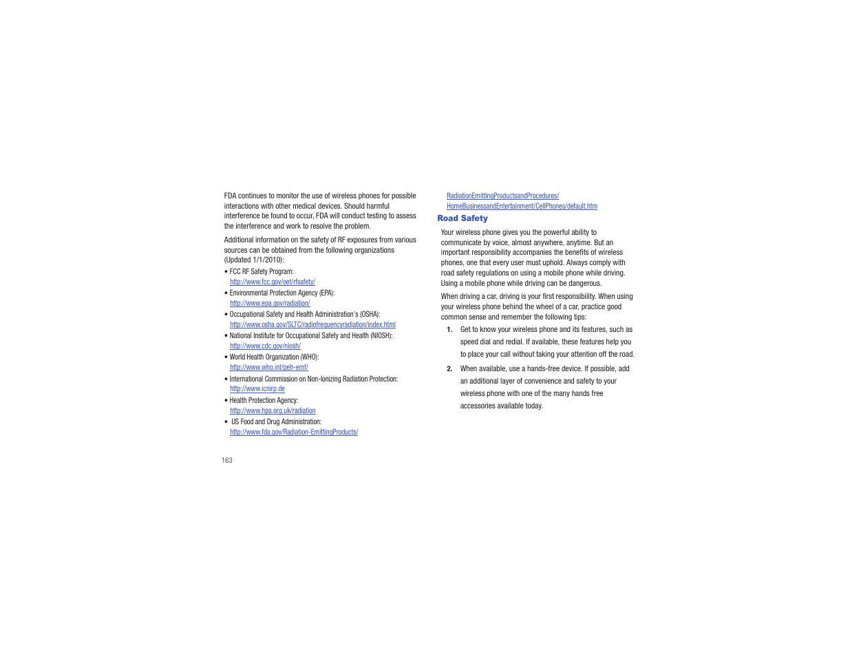 Road safety | Samsung CAPTIVATE SGH-I897 User Manual | Page 168 / 193