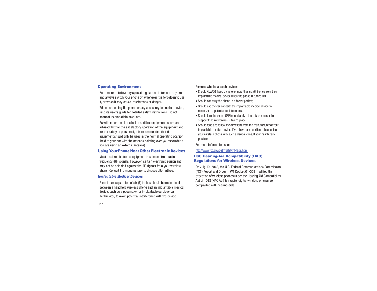 Operating environment, Using your phone near other electronic devices, Wireless devices | Samsung CAPTIVATE SGH-I897 User Manual | Page 172 / 193