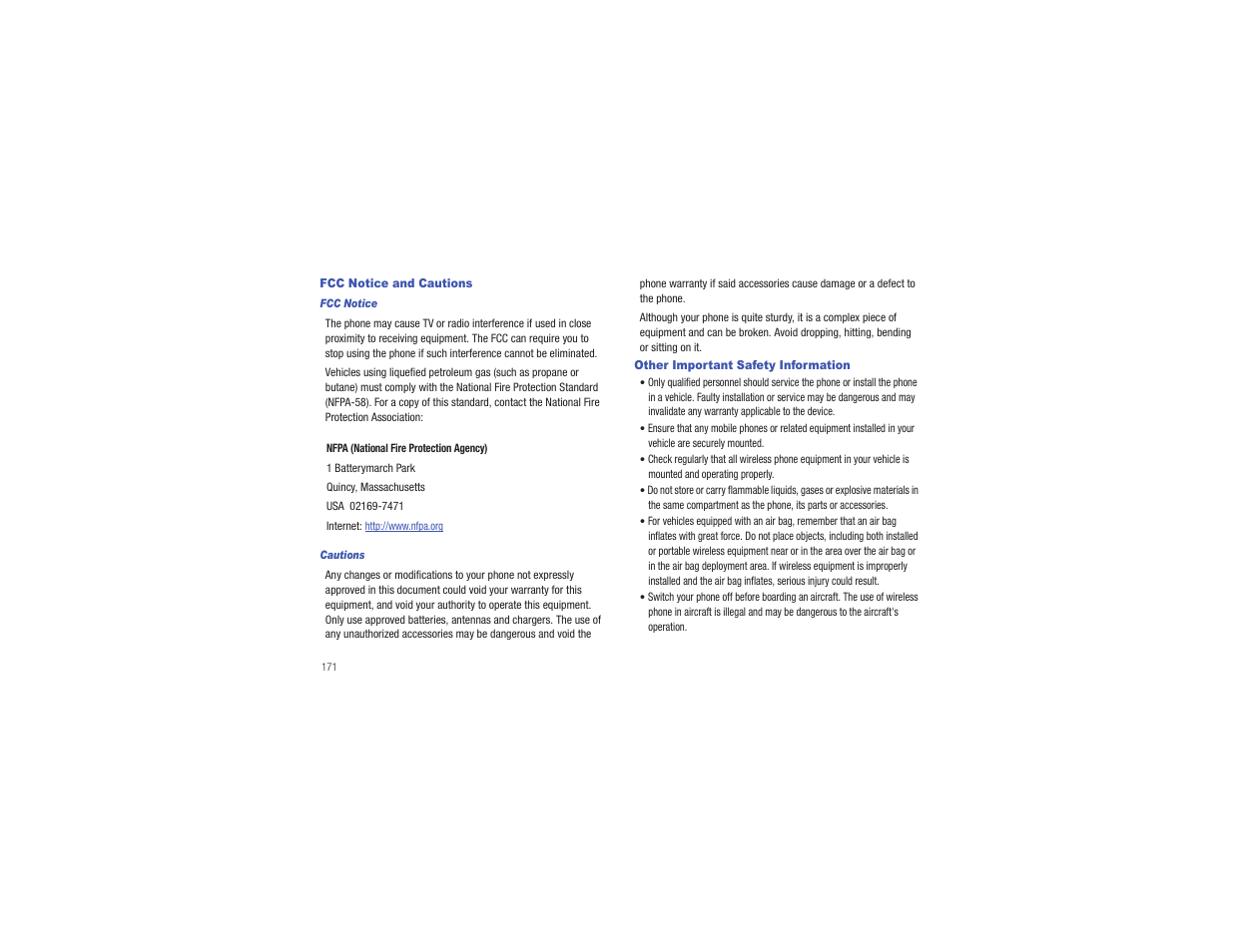 Fcc notice and cautions, Other important safety information | Samsung CAPTIVATE SGH-I897 User Manual | Page 176 / 193