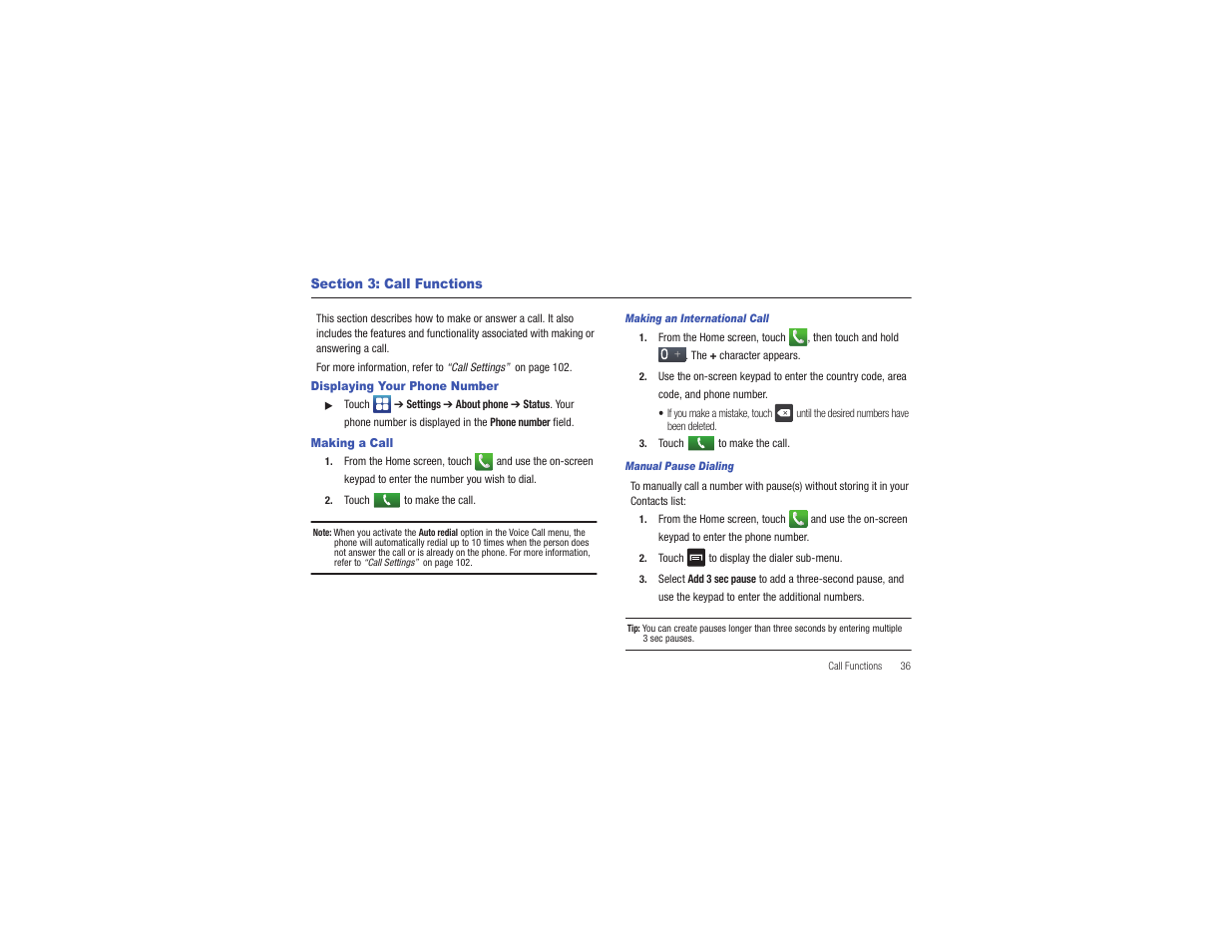 Section 3: call functions, Displaying your phone number, Making a call | Displaying your phone number making a call | Samsung CAPTIVATE SGH-I897 User Manual | Page 41 / 193