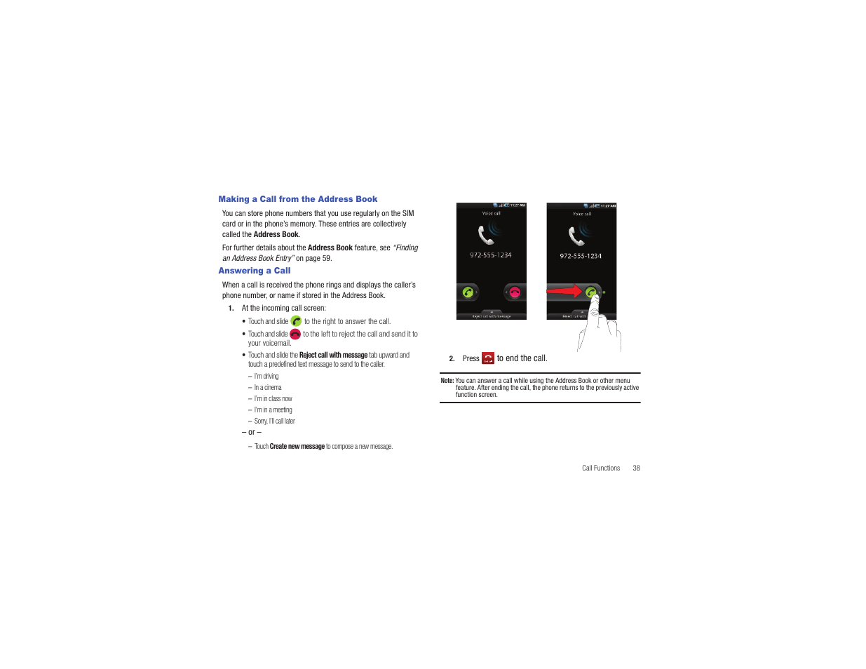 Making a call from the address book, Answering a call | Samsung CAPTIVATE SGH-I897 User Manual | Page 43 / 193