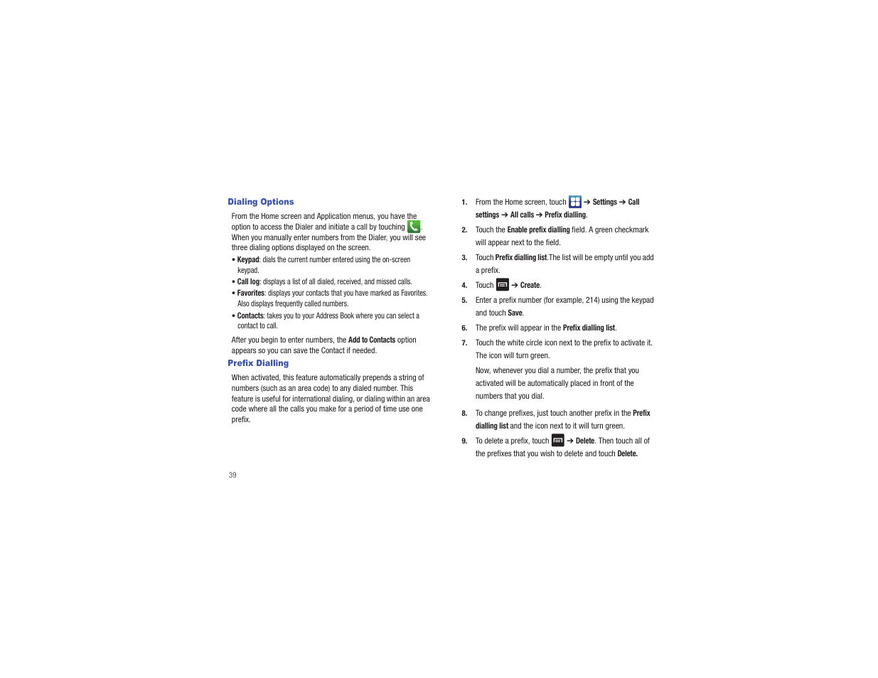 Dialing options, Prefix dialling, Dialing options prefix dialling | Samsung CAPTIVATE SGH-I897 User Manual | Page 44 / 193