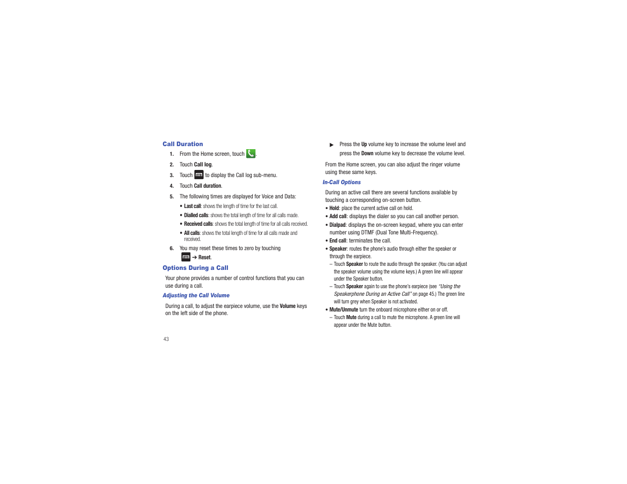 Call duration, Options during a call, Call duration options during a call | Samsung CAPTIVATE SGH-I897 User Manual | Page 48 / 193