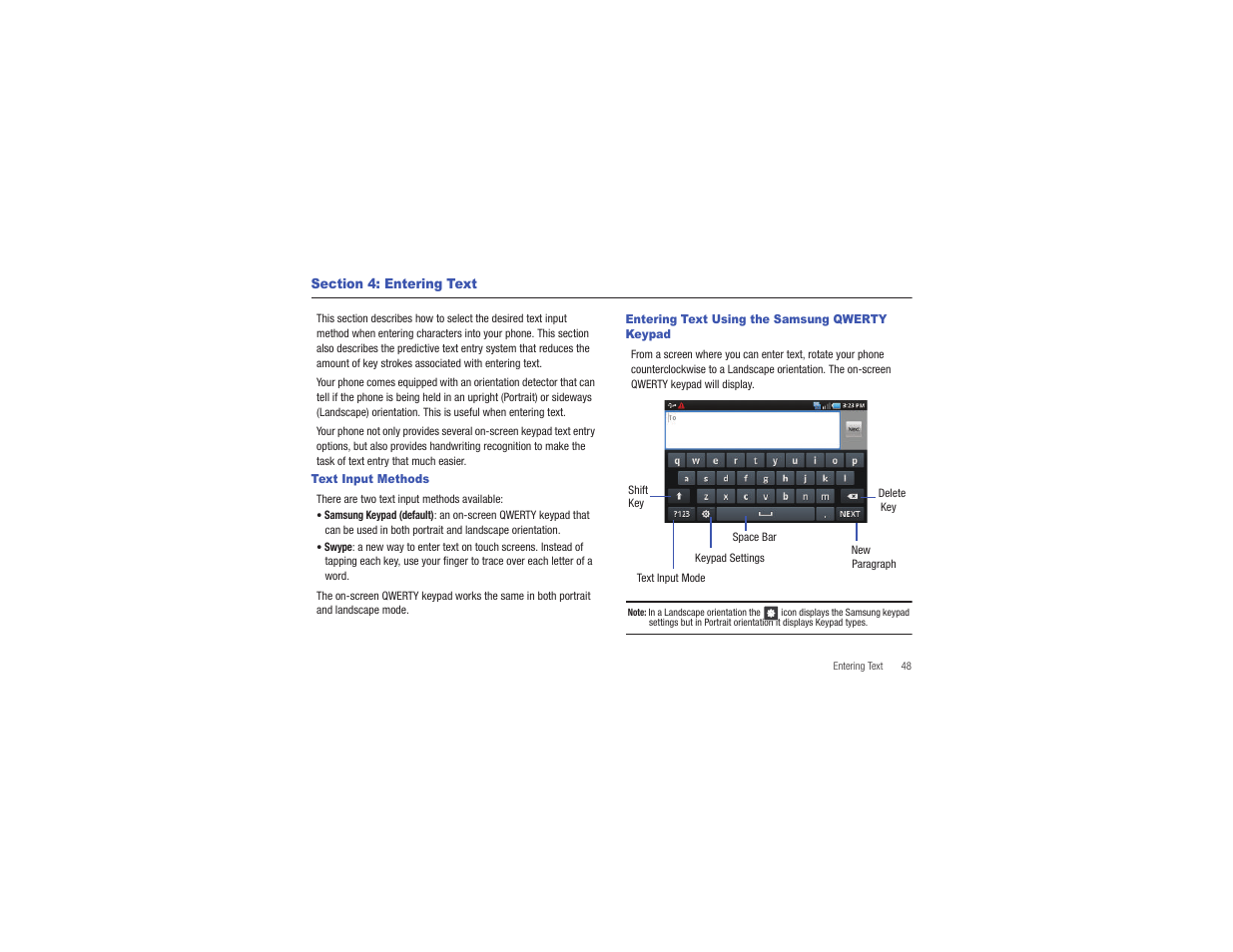 Section 4: entering text, Text input methods, Entering text using the samsung qwerty keypad | Samsung CAPTIVATE SGH-I897 User Manual | Page 53 / 193