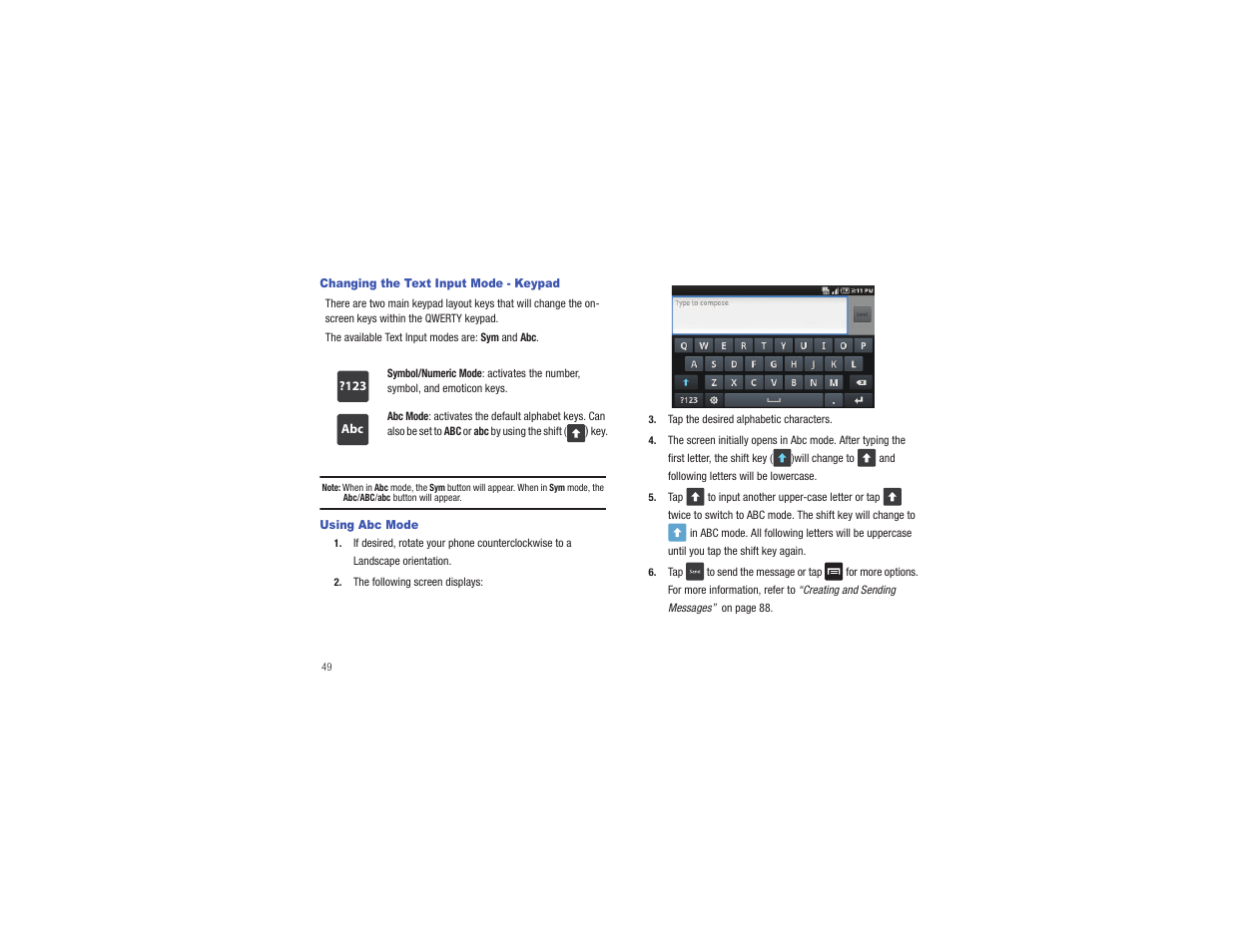 Changing the text input mode - keypad, Using abc mode | Samsung CAPTIVATE SGH-I897 User Manual | Page 54 / 193