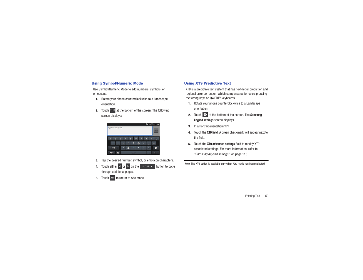 Using symbol/numeric mode, Using xt9 predictive text | Samsung CAPTIVATE SGH-I897 User Manual | Page 55 / 193