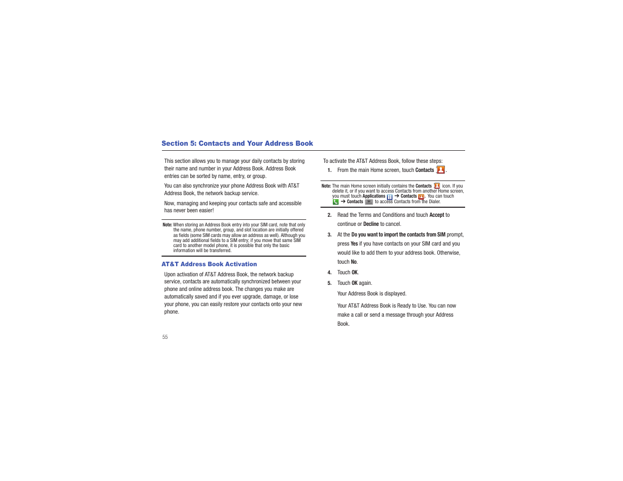 Section 5: contacts and your address book, At&t address book activation | Samsung CAPTIVATE SGH-I897 User Manual | Page 60 / 193