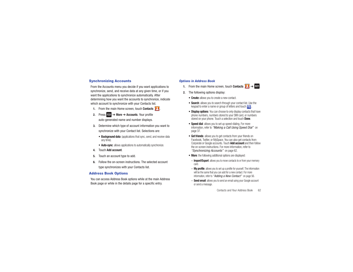 Synchronizing accounts, Address book options, Synchronizing accounts address book options | Samsung CAPTIVATE SGH-I897 User Manual | Page 67 / 193